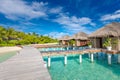 Exotic beach with water bungalows at Maldives, wooden bridge into paradise island Royalty Free Stock Photo