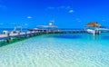 Beautiful tropical natural palm tree boat jetty Contoy island Mexico