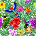 Wild Birds and Tropical Nature Seamless Repeat Textile Pattern Vector Art