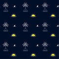 Beautiful Tropical palm tree island ,wave,sun,beach, fin shark minimal repeat seamless pattern design for fashion,fabric,wallpaper
