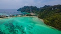 Beautiful tropical panoramic landscape with boat in the ocean at Phi Phi islands in Thailand.