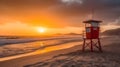 A beautiful tropical sandy beach with evening golden hour sunset glaring, and live guard tower, cloudy sky, mountain cliff at the