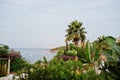 Beautiful tropical sea bay with palms. Scenic landscape with mountain islands and blue lagoon on Aegean sea. Exotic scenery. Royalty Free Stock Photo