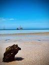 Beautiful tropical sea beach with a ship. sea panorama with yacht Royalty Free Stock Photo