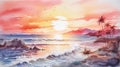 Beautiful tropical seascape at sunset. Digital watercolor painting. Printable artwork. Generative AI