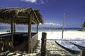 Beautiful tropical seaview at Kapas Island, Malaysia.Bamboo hut and kayaks.white sandy beach and clear water with blue sky Royalty Free Stock Photo