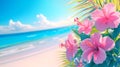 Beautiful tropical summer template design with pink hibiscus flowers over paradise beach background Royalty Free Stock Photo