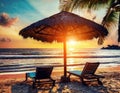 Tropical sunset with sunbed, loungers, and umbrella under palm tree. Generated with AI Royalty Free Stock Photo