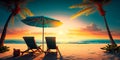 Beautiful tropical sunset scenery, two sun beds, loungers, umbrella under palm tree. Generative AI Royalty Free Stock Photo