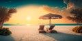 Beautiful tropical sunset scenery, two sun beds, loungers, umbrella under palm tree. Generative AI Royalty Free Stock Photo