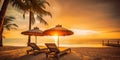 Beautiful tropical sunset scenery, two sun beds, loungers, umbrella under palm tree Generative AI technology