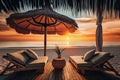 Sun beds and umbrella under palm tree. Tropical sunset twilight scenery beach resort hotel. Generative AI. Royalty Free Stock Photo