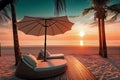 Sun beds and umbrella under palm tree. Tropical sunset twilight scenery beach resort hotel. Generative AI. Royalty Free Stock Photo