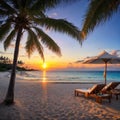 Beautiful tropical sunset scenery, two sun beds, loungers, umbrella under palm tree. White sand, sea view Royalty Free Stock Photo