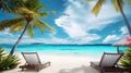 Beautiful tropical trees beach background with white sand and two sunbeds Royalty Free Stock Photo