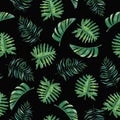 Beautiful tropical watercolor seamless pattern with palm leaves on black background.
