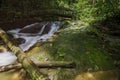 Beautiful tropical waterfall in lush surrounded by green forest.wet rock and moss.