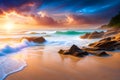 Beautiful tropical waves of sea water break on a sandy beach with seashells