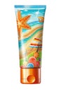 Beautiful tube of sun cream with beach design on cutout PNG transparent background. Generative AI