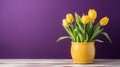 Beautiful tulip flowers in yellow pot can on purple background. Generative AI Royalty Free Stock Photo