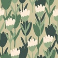 Beautiful tulip seamless pattern on light green background. Abstract floral backdrop. Summer flower wallpaper