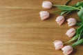 Beautiful tulips flat lay on wooden table with space for text. Modern easter decor. Stylish pink tulips bouquet. Happy mothers day