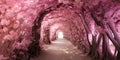A beautiful tunnel of blossoming cherry trees. Road through the cherry blossom garden. Sakura Royalty Free Stock Photo