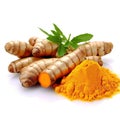 Turmeric root and powder isolated on white background close up Generative AI Royalty Free Stock Photo