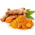 Turmeric root and powder isolated on white background close up Generative AI Royalty Free Stock Photo