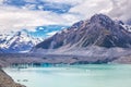 Beautiful turqouise Tasman Glacier Lake and Rocky Mountains in the clouds Royalty Free Stock Photo