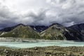 Beautiful turqouise Tasman Glacier Lake and Rocky Mountains in the clouds, Mount Cook National Park, New Zealand