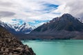 Beautiful turqouise Tasman Glacier Lake and Rocky Mountains of the Mount Cook National Park