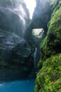 Beautiful turquoise crystal clear water cave with waterfall in the middle of the tropical jungle of Costa Rica Royalty Free Stock Photo