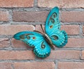 Beautiful turquoise decorative butterfly on a brick wall background