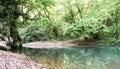 Beautiful turquoise lake in mountains forest. Great design for any purposes. Summer wild nature landscape. Royalty Free Stock Photo