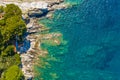 Beautiful turquoise rocky seascape. Aerial view of ligurian sea beach. Camogli near the Genova.