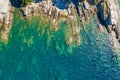 Beautiful turquoise rocky seascape. Aerial view of ligurian sea beach. Camogli near the Genova