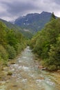 The beautiful turquoise Soca river in the green forest, Bovec, Slovenia, Europe. Royalty Free Stock Photo