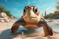 Beautiful turtle in close-up strolls along a stunning sandy beach on a sunny day