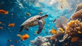 Beautiful turtle gracefully swims among fishes in the blue ocean water, Ai Generated