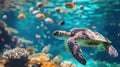 Beautiful turtle gracefully swims among fishes in the blue ocean water, Ai Generated