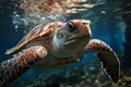 A beautiful turtle swimming in a sea of clean, unpolluted water