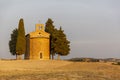 The beautiful tuscan Chapel of the Madonna di Vitaleta at sunrise Royalty Free Stock Photo