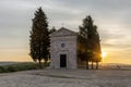 The beautiful tuscan Chapel of the Madonna di Vitaleta at sunrise Royalty Free Stock Photo