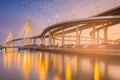 Beautiful twilight tone suspension bridge river front