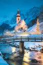 Church of Ramsau in winter twilight, Bavaria, Germany