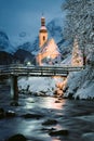 Church of Ramsau in winter twilight, Bavaria, Germany Royalty Free Stock Photo