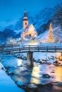 Church of Ramsau in winter twilight, Bavaria, Germany Royalty Free Stock Photo