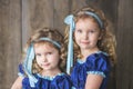 Beautiful twin girls in blue dresses