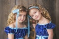 Beautiful twin girls in blue dresses